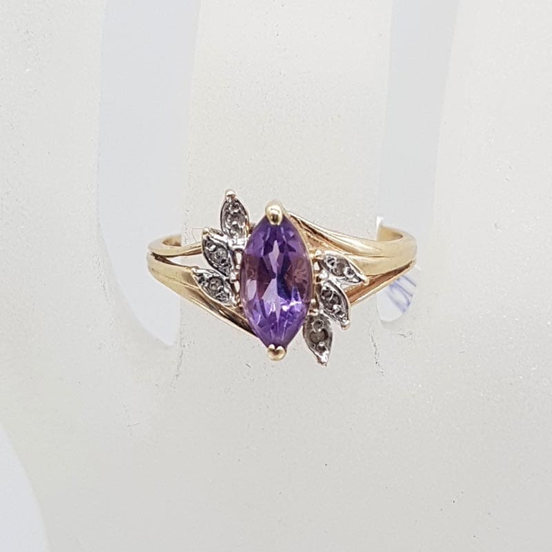 9ct Yellow Gold Marquis Shaped Amethyst with Diamond Leaves Motif Ring