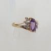 9ct Yellow Gold Marquis Shaped Amethyst with Diamond Leaves Motif Ring