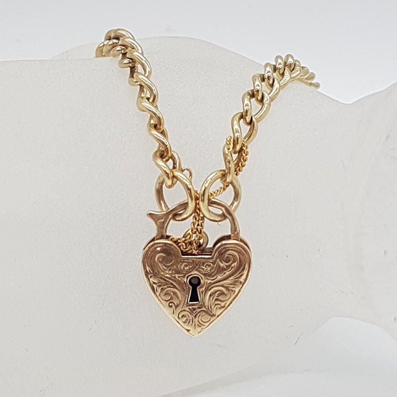 9ct Yellow Gold Curb Link Heart Padlock Bracelet - Antique / Vintage