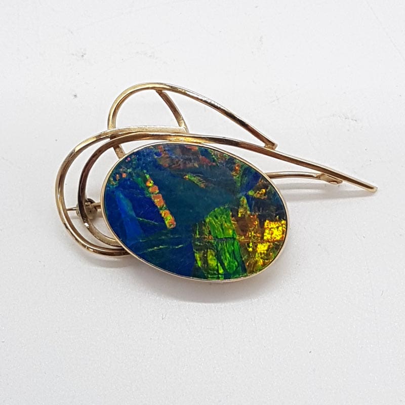 9ct Yellow Gold Oval Opal Blue and Multi-Coloured Large Swirl Brooch - Antique / Vintage