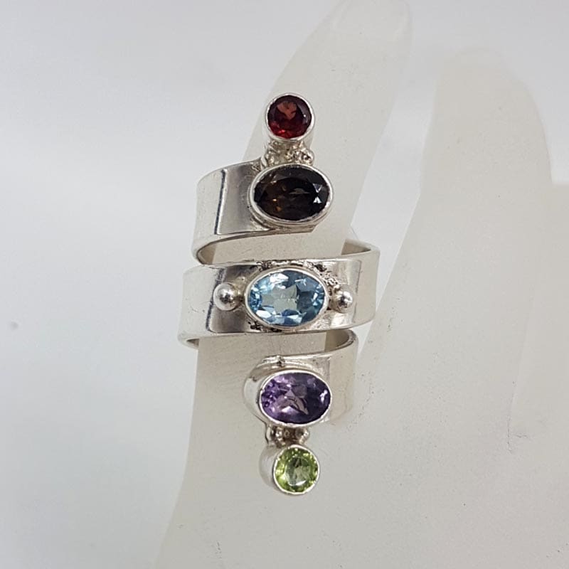 Sterling Silver Multi-Coloured Gemstone Long Twist Ring