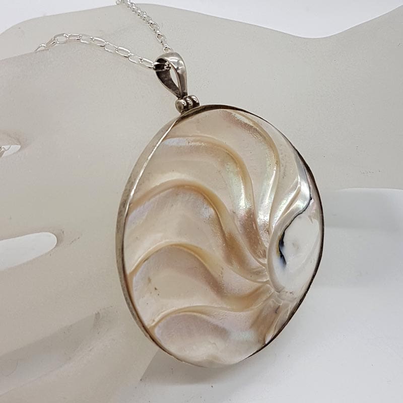 Sterling Silver Large Mother of Pearl Round Swirl Pendant on Silver Chain