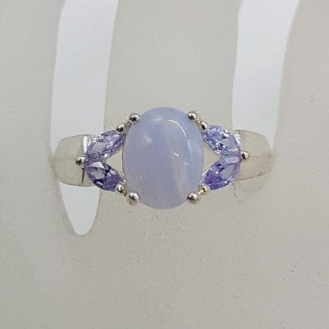 Sterling Silver Oval Blue Lace Agate an Cubic Zirconia Ring
