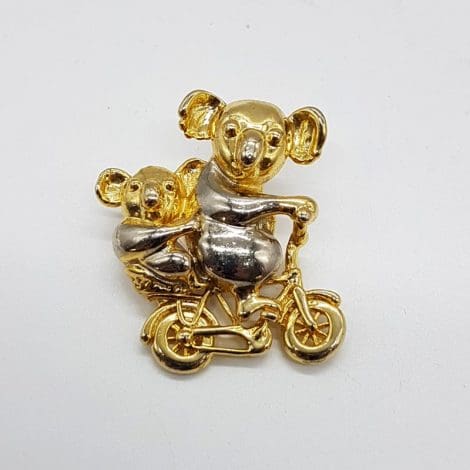 Plated Mother and Child Koala Bear on Bicycle Rhinestone Brooch - Vintage Costume Jewellery