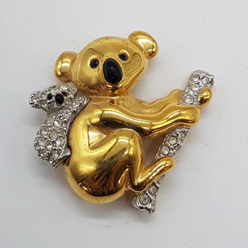 Plated Mother and Child Koala Bear on Branch Rhinestone Brooch - Vintage Costume Jewellery