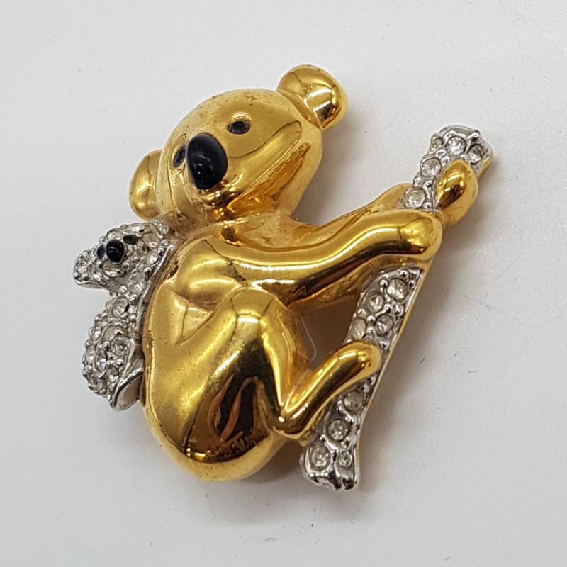 Plated Mother and Child Koala Bear on Branch Rhinestone Brooch - Vintage Costume Jewellery