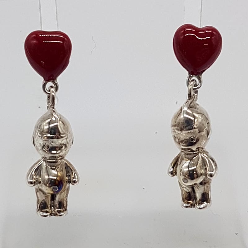 Sterling Silver and Enamel Kewpie / Cupie Doll Heart Drop Earrings