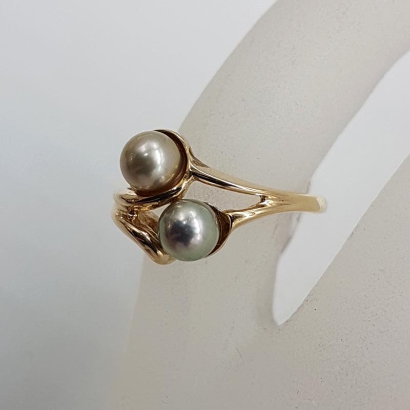 18ct Yellow Gold Grey and Black Tahitian Pearl Curved Ring - Antique / Vintage