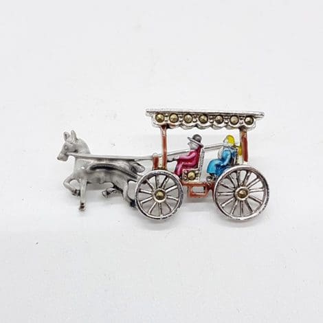 Plated Marcasite and Enamel Carriage Brooch - Vintage Costume Jewellery