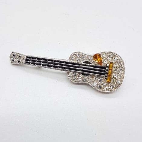 Plated Yellow and Clear Rhinestone Guitar Brooch - Vintage Costume Jewellery