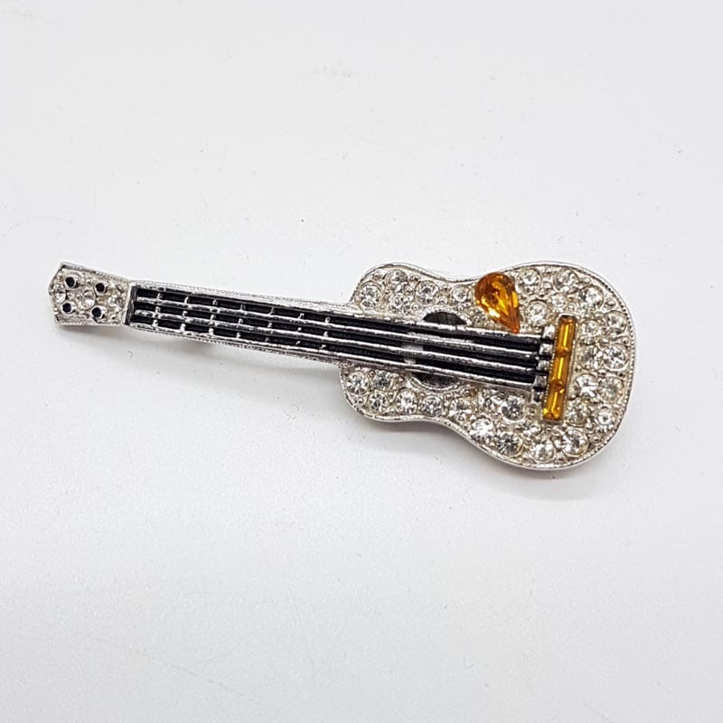 Plated Yellow and Clear Rhinestone Guitar Brooch - Vintage Costume Jewellery