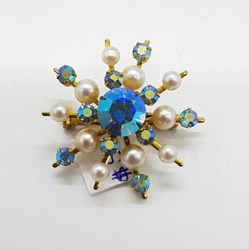 Plated Blue and Faux Pearl Cluster Brooch - Vintage Costume Jewellery