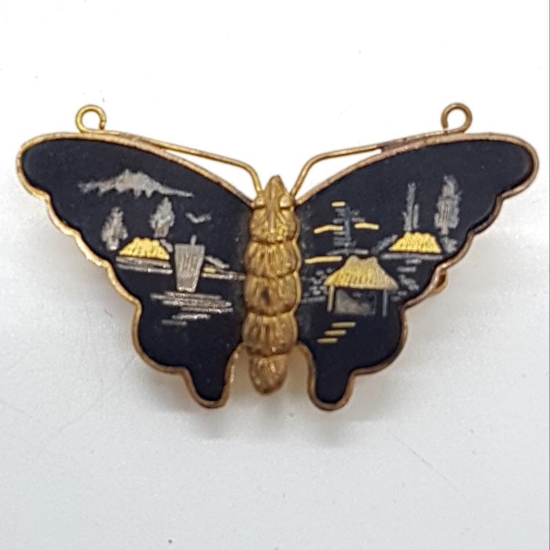 Plated and Black Japanese Scenery Butterfly Brooch - Vintage Costume Jewellery