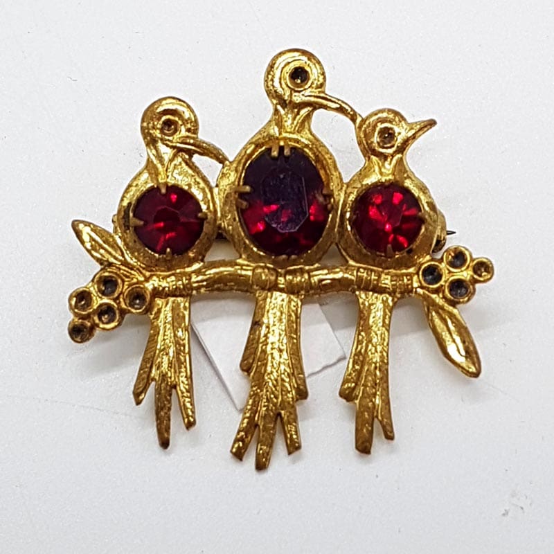 Plated Three Birds on Branch Brooch - Vintage Costume Jewellery