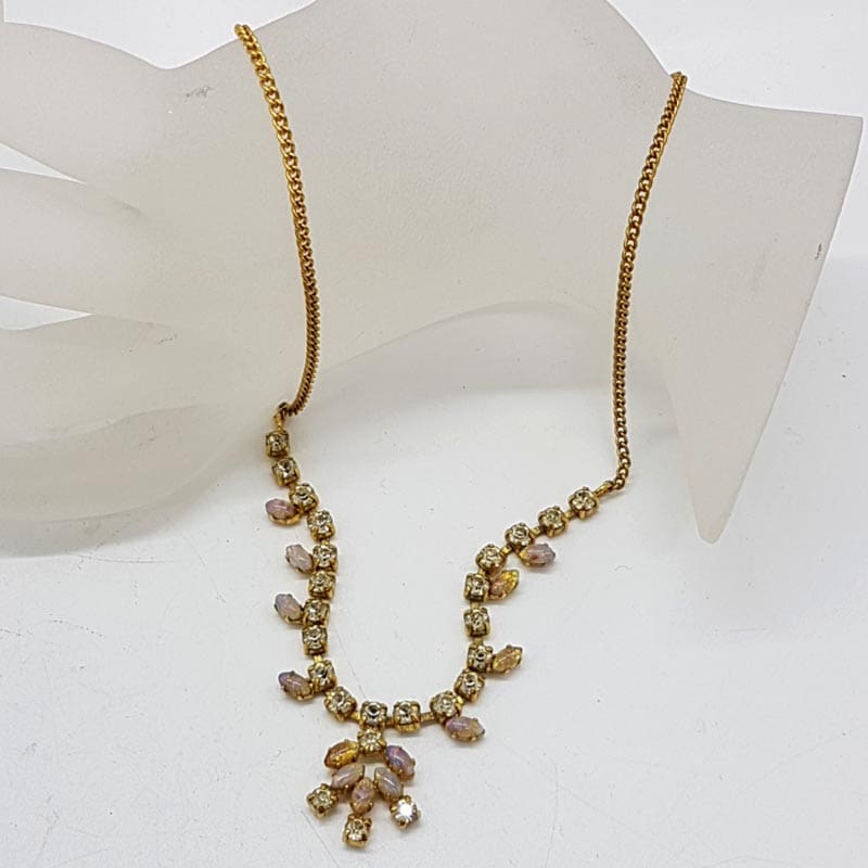 Gold Plated Rhinestone and Pink Foil Necklace - Vintage Costume Jewellery