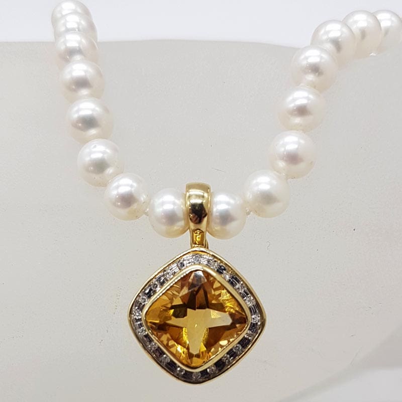 9ct Yellow Gold Square Citrine with Diamonds Enhancer Pendant on Pearl Necklace with Gold Clasp