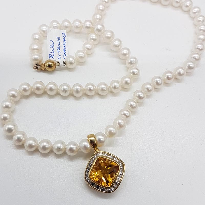9ct Yellow Gold Square Citrine with Diamonds Enhancer Pendant on Pearl Necklace with Gold Clasp
