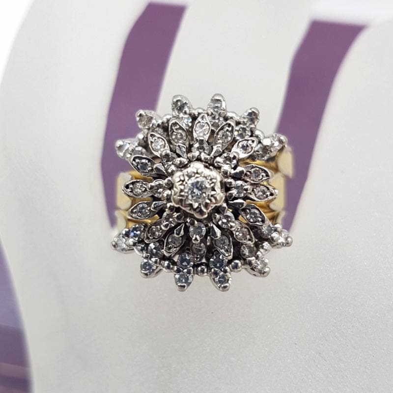 18ct Yellow Gold with Platinum Large Diamond Cluster Three Piece Ring Set - Engagement Ring, Wedding Ring, Eternity Ring - Antique / Vintage