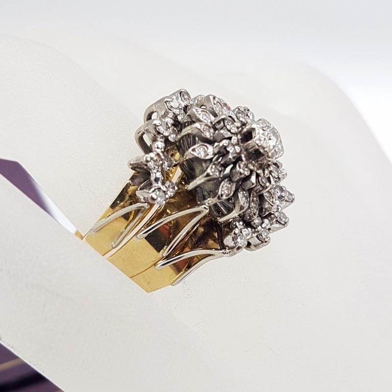 18ct Yellow Gold with Platinum Large Diamond Cluster Three Piece Ring Set - Engagement Ring, Wedding Ring, Eternity Ring - Antique / Vintage
