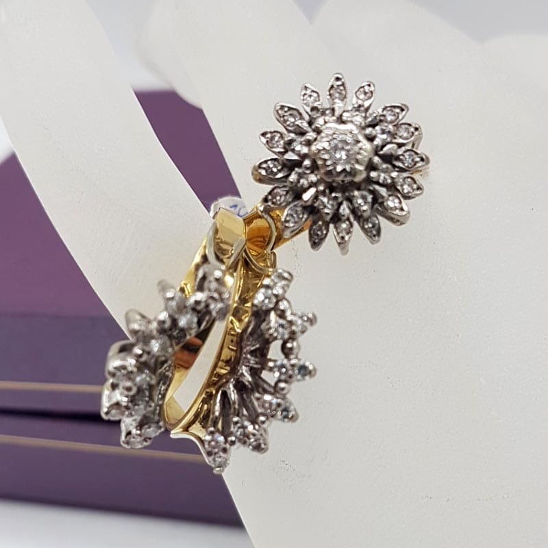 18ct Yellow Gold with Platinum Large Diamond Cluster Three Piece Ring Set - Engagement Ring, Wedding Ring, Eternity Ring - Antique / Vintage