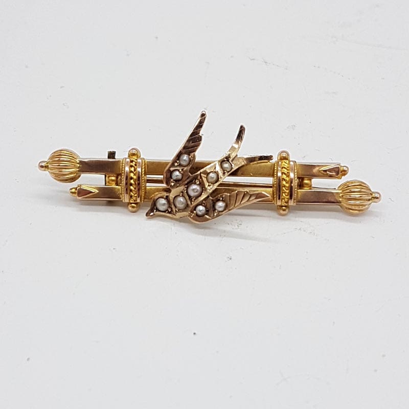 15ct Yellow Gold Seed Pearl Swallow Bird Brooch - Antique / Vintage