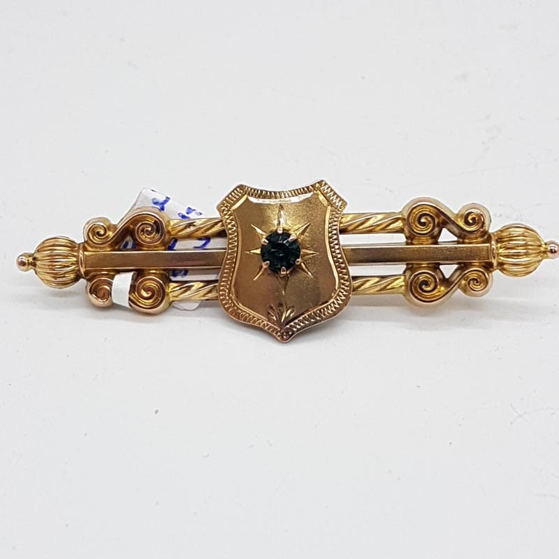 9ct Yellow Gold Garnet Shield Ornate Bar Brooch - Antique / Vintage