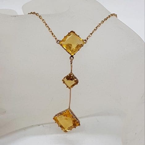 9ct Yellow Gold Citrine Squares Long Drop Lavalier Necklace Chain Antique / Vintage