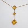 9ct Yellow Gold Citrine Squares Long Drop Lavalier Necklace Chain Antique / Vintage