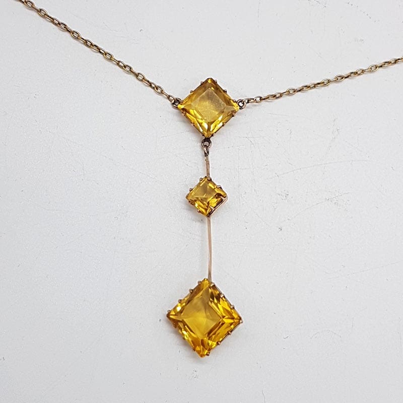 9ct Yellow Gold Citrine Squares Long Drop Lavalier Necklace Chain Antique / Vintage