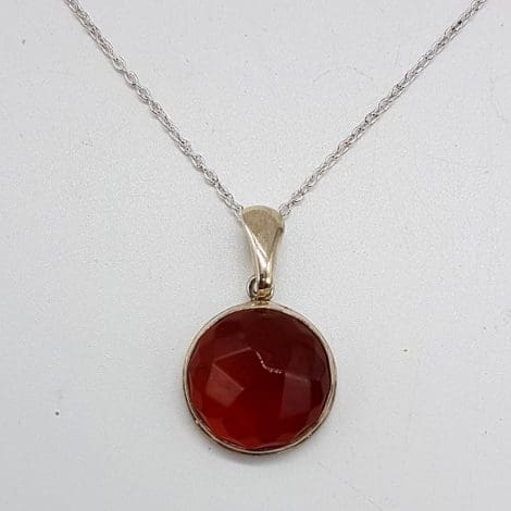 Sterling Silver Round Faceted Carnelian Bezel Set Pendant on Silver Chain