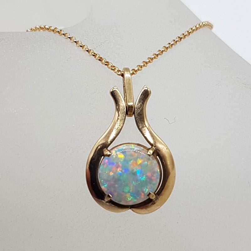 9ct Yellow Gold Solid White Opal Round Ornate Pendant on Gold Chain - Spectacular Colours - Antique / Vintage