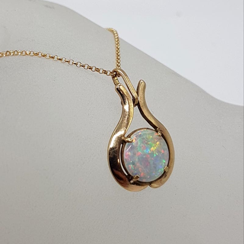 9ct Yellow Gold Solid White Opal Round Ornate Pendant on Gold Chain - Spectacular Colours - Antique / Vintage
