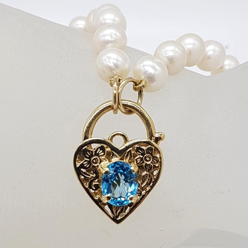 9ct Yellow Gold Topaz Ornate Filigree Padlock Pendant Clasp on Pearl Gold Chain / Necklace