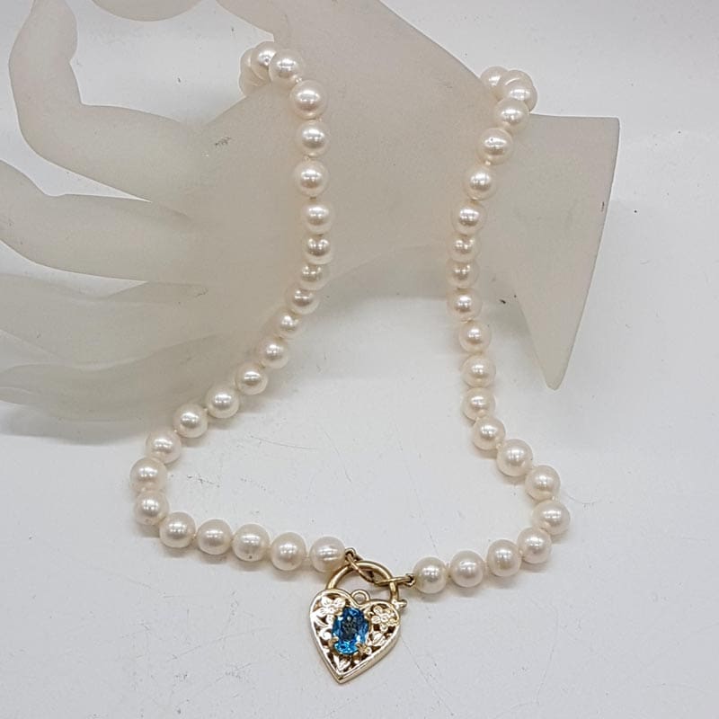 9ct Yellow Gold Topaz Ornate Filigree Padlock Pendant Clasp on Pearl Gold Chain / Necklace