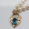 9ct Yellow Gold Topaz Ornate Filigree Padlock Pendant Clasp on Pearl Gold Chain / Necklace