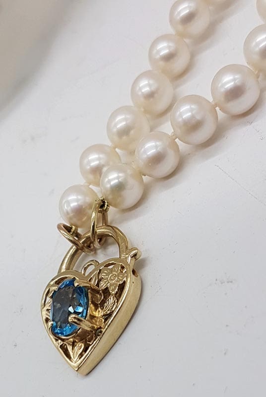 9ct Yellow Gold Topaz Ornate Filigree Padlock Pendant Clasp on Pearl Gold Chain / Necklace