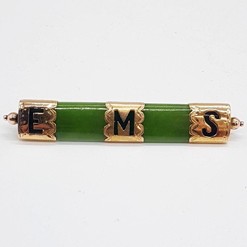 9ct Yellow Gold New Zealand Green Stone / Jade with EMS Initialed Ornate Bar Brooch - Antique / Vintage