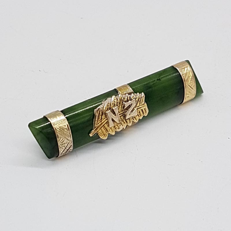 9ct Yellow Gold New Zealand Green Stone / Jade with NZ Leaf Ornate Bar Brooch - Antique / Vintage