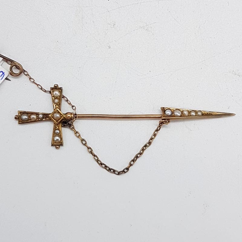 9ct Yellow Gold Seed Pearl Sword Bar Brooch - Antique / Vintage