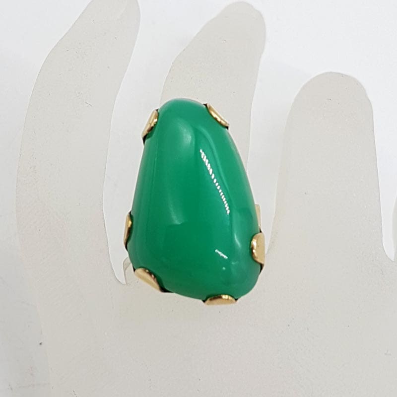 9ct Yellow Gold Chrysoprase / Australian Jade Very Large and Unusual Claw Set Statement Ring - Antique / Vintage