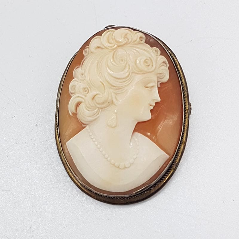 Sterling Silver Oval Shell Cameo Ladies Head Brooch - Antique / Vintage