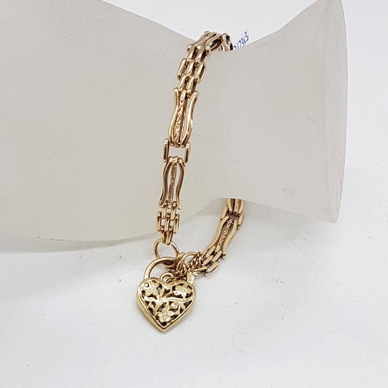 9ct Yellow Gold Curved Three Row Gate Link Bracelet with Ornate Filigree Heart Padlock Clasp - Antique / Vintage