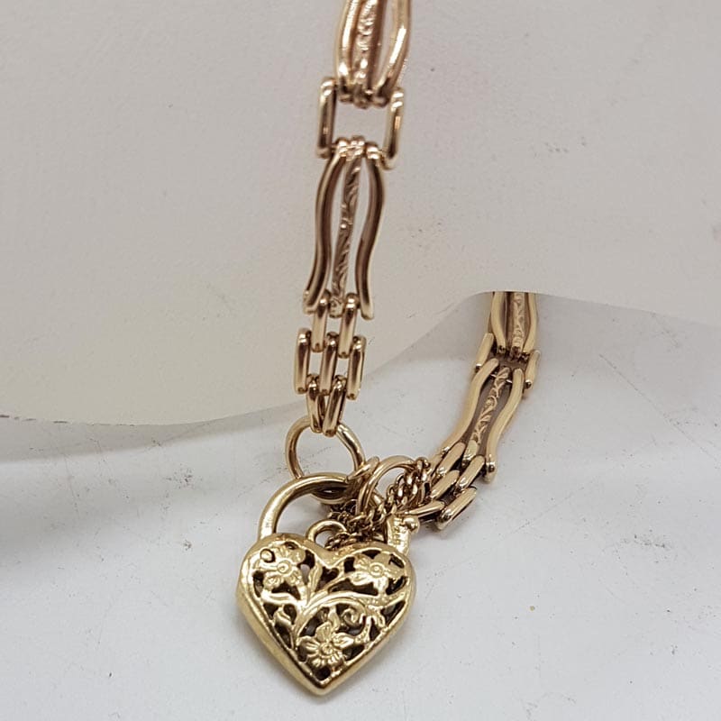 9ct Yellow Gold Curved Three Row Gate Link Bracelet with Ornate Filigree Heart Padlock Clasp - Antique / Vintage