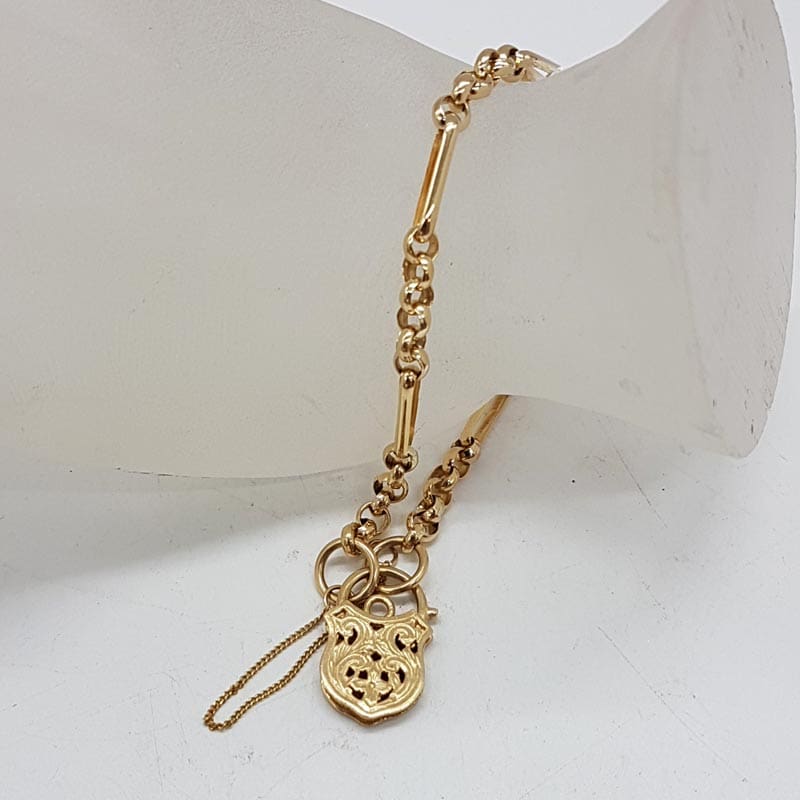 9ct Yellow Gold Belcher and Oval Link Ornate Filigree Shield Shape Padlock Clasp Bracelet
