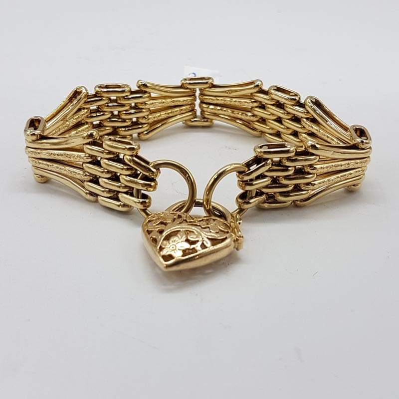 9ct Yellow Gold Ornate Gate Link Bracelet with Filigree Heart Padlock Clasp