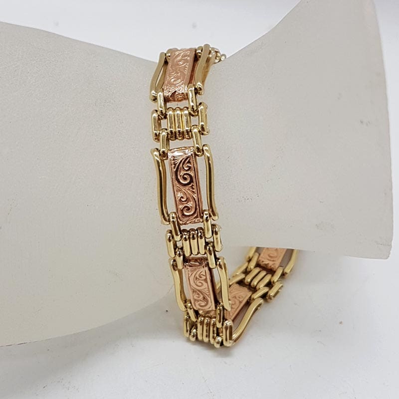 9ct Yellow Gold and Rose Gold Ornate Wide and Havu Gate Link with Stunning Design and Bolt Clasp Bracelet - Also Matching Necklace available - Sold separately 9ct Yellow Gold and Rose Gold Ornate Wide and Havu Gate Link with Stunning Design and Bolt Clasp Bracelet - Also Matching Necklace available - Sold separately
