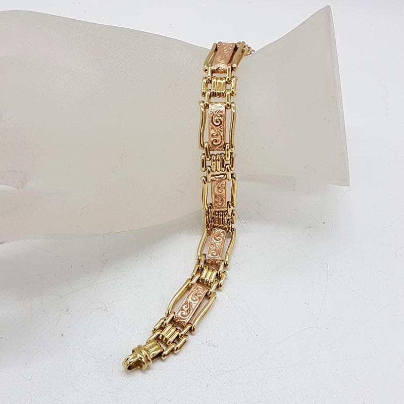 9ct Yellow Gold and Rose Gold Ornate Wide and Havu Gate Link with Stunning Design and Bolt Clasp Bracelet - Also Matching Necklace available - Sold separately 9ct Yellow Gold and Rose Gold Ornate Wide and Havu Gate Link with Stunning Design and Bolt Clasp Bracelet - Also Matching Necklace available - Sold separately