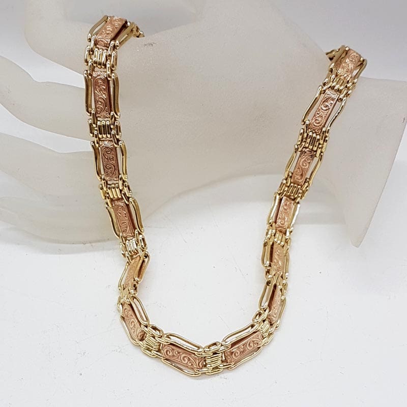 9ct Yellow Gold and Rose Gold Ornate Wide and Heavy Gate Link with Stunning Design and Bolt Clasp Necklacce - Also Matching Bracelet available - Sold separately