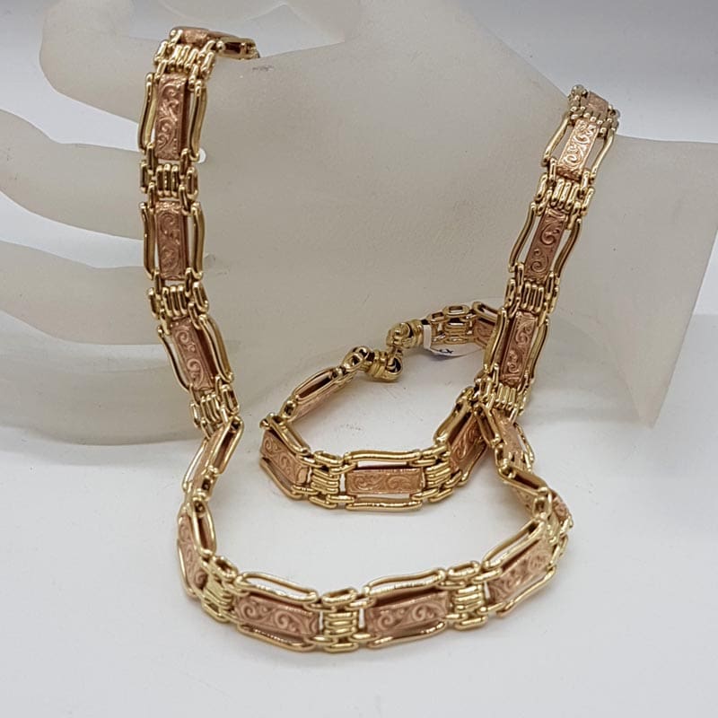 9ct Yellow Gold and Rose Gold Ornate Wide and Heavy Gate Link with Stunning Design and Bolt Clasp Necklacce - Also Matching Bracelet available - Sold separately