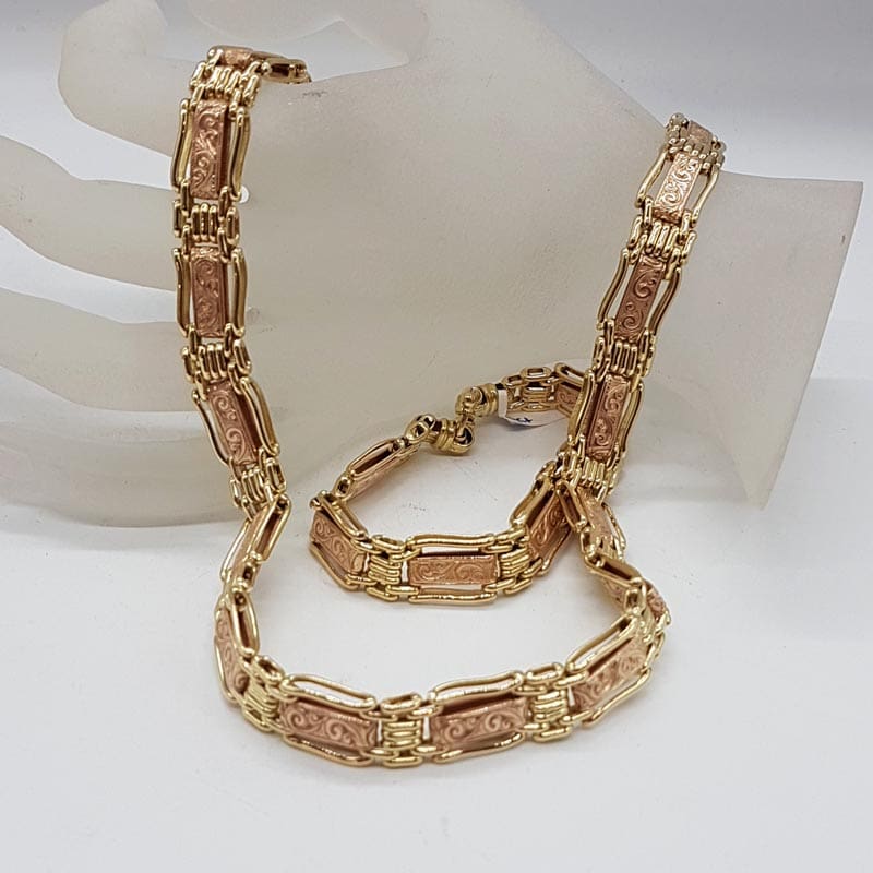 9ct Yellow Gold and Rose Gold Ornate Wide and Havu Gate Link with Stunning Design and Bolt Clasp Bracelet - Also Matching Necklace available - Sold separately 9ct Yellow Gold and Rose Gold Ornate Wide and Havu Gate Link with Stunning Design and Bolt Clasp Bracelet - Also Matching Necklace available - Sold separately